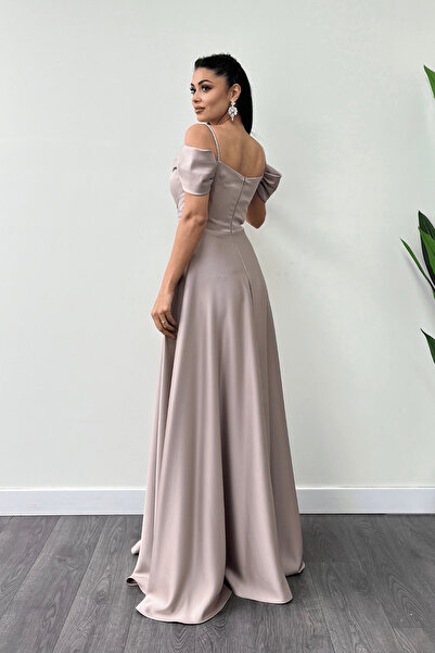 giyimmasalı Saten Kumaş Büzgülü Askılı Abiye Elbise - BEJ