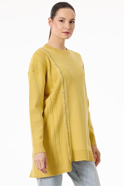 Tığ Triko Fermuar Detaylı Triko Tunik SARI