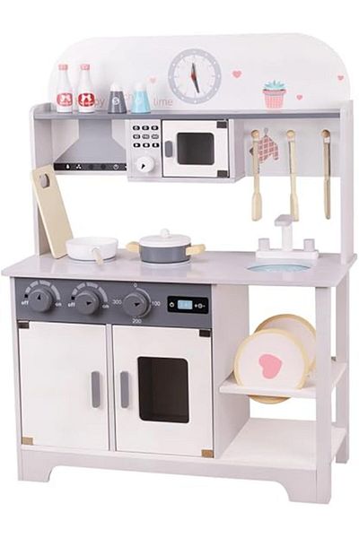 ALBADER Play Kitchen, Real Wooden Kitchen Set for Kids with Microwave, Wooden Play Kitchen