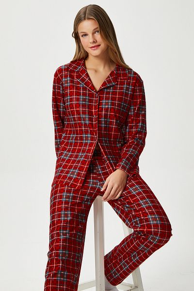 Ritnice Women's Nora Premium Red Plaid Suede Texture Button Christmas Pajamas Set