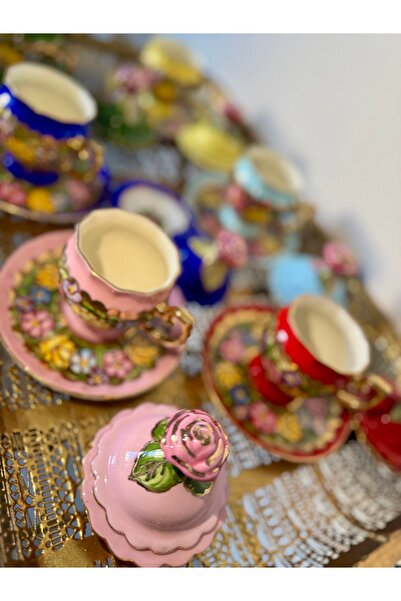 Handmade ESTERHOMEDECOR 6 Kişilik el boyama porselen kahve fincan takımı ve 6’lı lokumluk seti