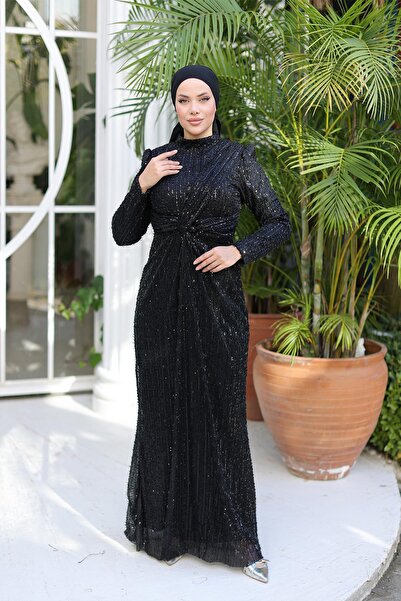 hakimoda فستان سهرة حجاب مطرز بالحرير الأسود