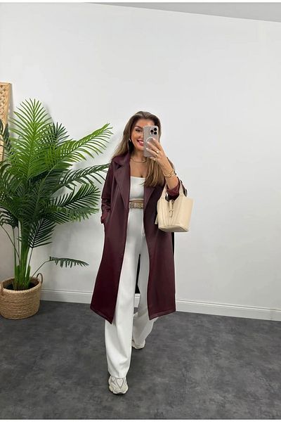 MEECY Pardesiu lung din piele cu curea de damă bordeaux