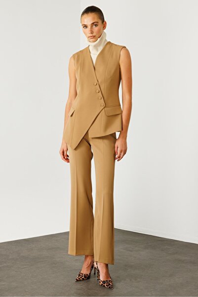 Moda İlgi Modailgi Kruvaze Kapamalı Düğme Detaylı Uzun Yelek - 4103 Camel