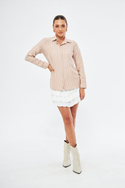Si&Su Kadın Krem  Rengi Uzun Kol Çizgili Gömlek