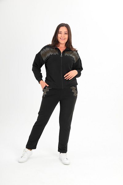 Esina Women's Two Thread Front Zippered Stone Detailed Pipe Leg Tracksuit Set
