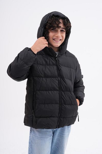 Mina Boy's Black Filled Inner Fleece Hooded Winter Inflatable Children's Coat Coat