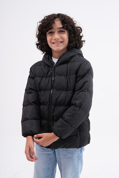 Mina Boy's Black Filled Inner Fleece Hooded Winter Inflatable Children's Coat Coat