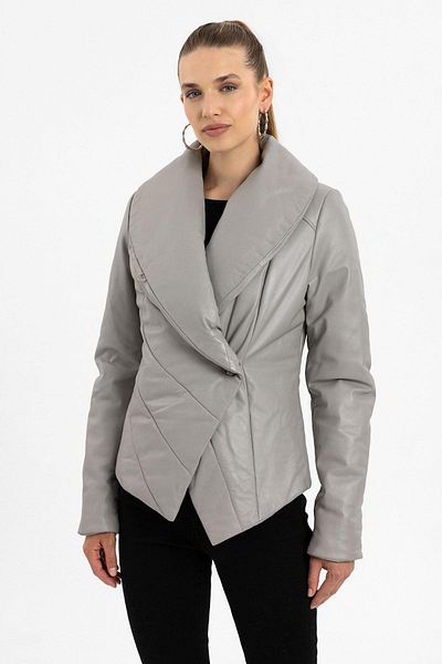 Deriderim Vanesa Gray Inflatable Stitched Single Button Women's Genuine Leather Coat