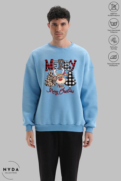 Nyda Collections Hanorac supradimensionat unisex Deer Crăciun Fericit Anul Nou imprimat cu gâtul turn fără glugă