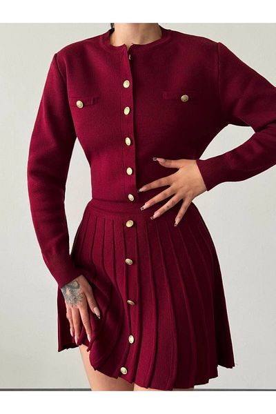 Bak'ap Button Detailed Viral Knitwear Skirt Sweater Set
