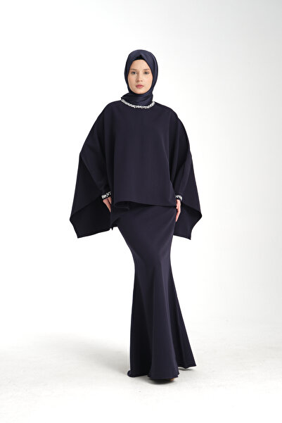Stone Embroidered Navy Blue Women's Modest Dress 2pcs Evening Set