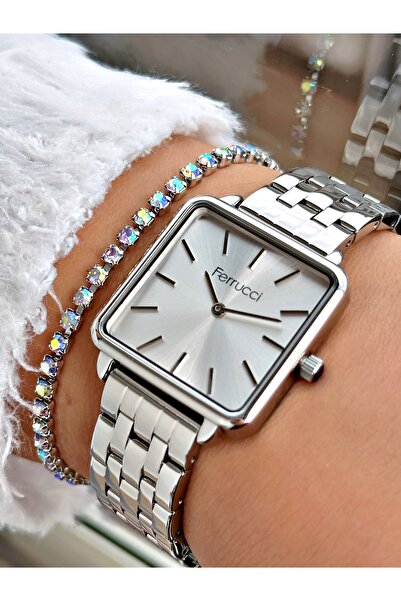 Ferrucci Gümüş Renk Kare Sade Model Büyük Kasa Kadın Kol Saati + BİLEKLİK