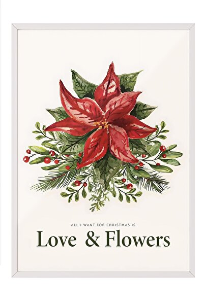 Postifull Beyaz Çerçeveli Tablo, Yılbaşı Poster, Love and Flowers for Christm...