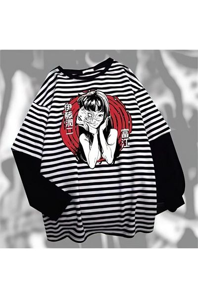 FG KONNİCHİWA Tomie Gothic Girls Anime Black Striped Long Sleeve Unisex T-Shirt