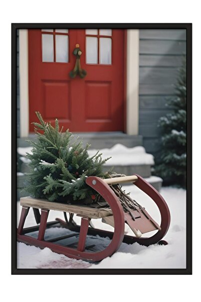 Postifull Tablou cu rama neagra, poster de Anul Nou, decor de Anul Nou, serie Wooden Sleigh Comfort NR:108620