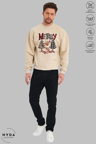 Nyda Collections Unisex ελάφια Καλά Χριστούγεννα Πρωτοχρονιά με στάμπα με λαιμόκοψη χωρίς κουκούλα υπερμεγέθη φούτερ