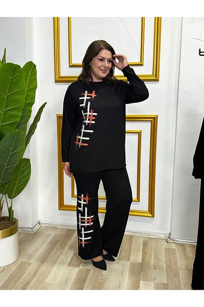 Yasem XXL Women's Plus Size Stone and Print Detailed Tracksuit Set