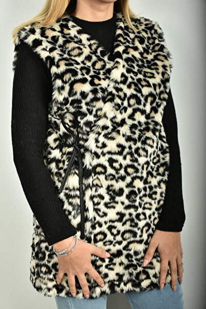 moda caddesi Yandan Bağcıklı Leopar Desenli Peluş Yelek