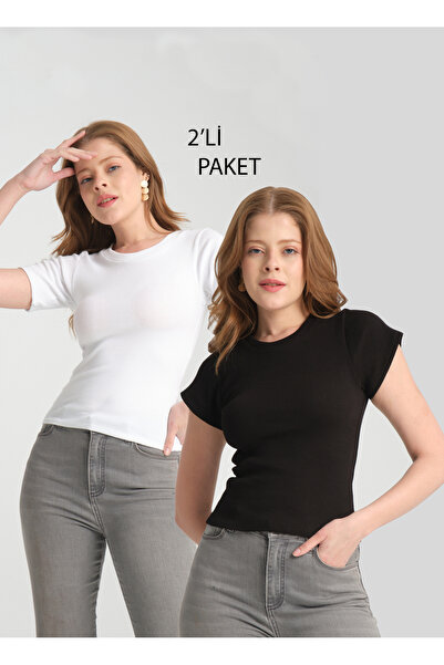 Kadın Siyah Beyaz Kısa Kollu Yuvarlak yaka Örme Basic Bluz
