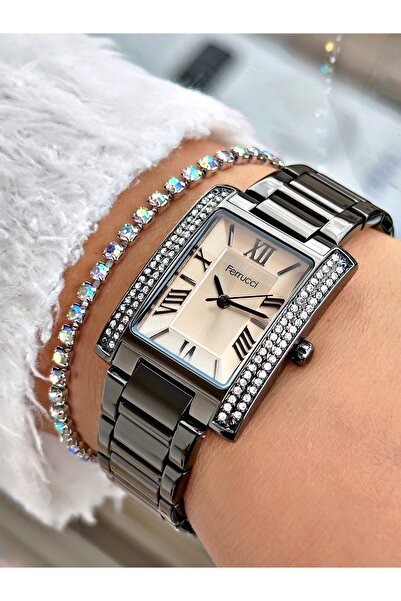 Ferrucci Füme Renk Kare Taşlı Model Çelik Kordon Kadın Kol Saati + BİLEKLİK