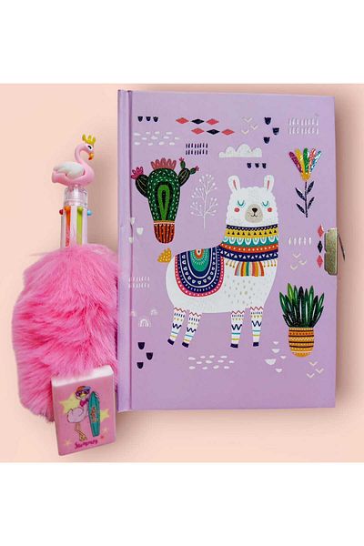 izmir yazici servis Lama Locked Notebook Souvenir and Diary Notebook - Flamingo Feather 6 Color Ballpoint Pen Set