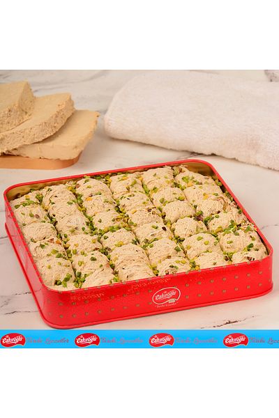 Öz Çakıroğlu Pistachio Tahini Halva Baklava with Slices 1700 g - Canister, Traditional Flavor