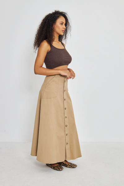 Atölye Güven Camel 100% Cotton Special Design Button Front Pocket Long Bell Skirt