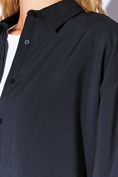 Manche Siyah Modal Soft Dokulu Yumuşak Gizli Pat Detaylı Oversize Kadın Gömlek | Mks168262-01