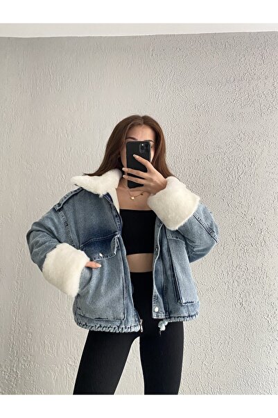 ALL DREAM Kadın Beyaz Kürklü Buz Mavi Denim Mont