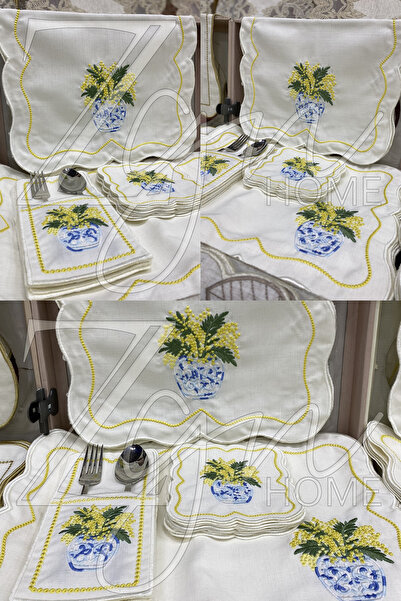 ZGNHome 19 Parça 6 Kişilik Nakışlı Mimoza Amerikan Servis Takımı