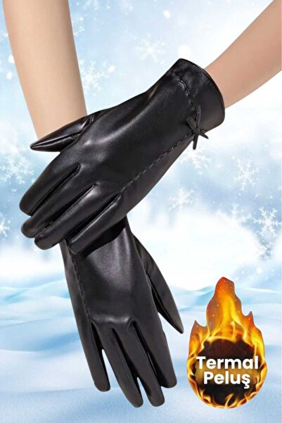 Trenderrs Kadın Dokunmatik Ekran Rüzgar Geçirmez Soğuğa Dayanıklı Vegan Deri Eldiven