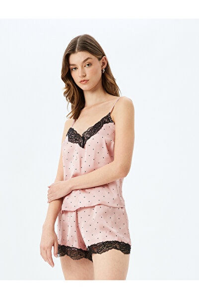 Koton Dantel Detaylı Askılı V Yaka Puantiyeli Saten Pijama Üstü