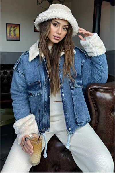 ALL DREAM Kadın Beyaz Kürklü Denim Mont