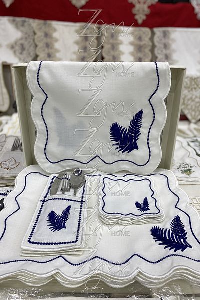 ZGNHome Σετ σερβιρίσματος 19 τεμαχίων 6 ατόμων Κεντημένο Palm Blue American