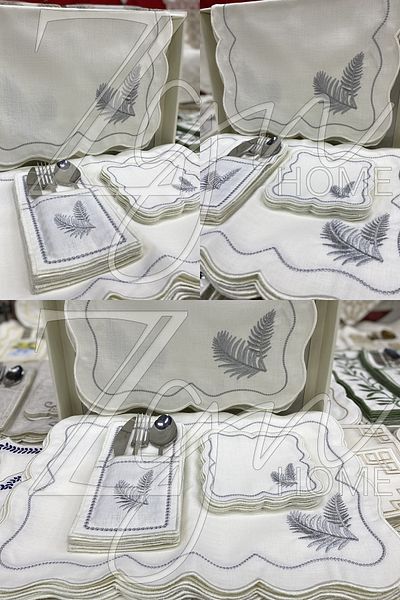 ZGNHome Set de 19 piese pentru 6 persoane, brodat cu palmier argintiu american