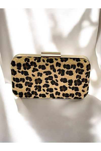 Wedding Fashion Leopard Print Furry Metal Evening Bag - with Oval Case, for Evening and Wedding Engagement Graduation