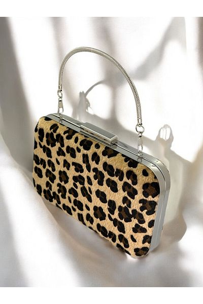 Wedding Fashion Geantă de seară din metal cu pene cu imprimeu leopard - cu mâner și carcasă, pentru seară, nuntă și absolvire