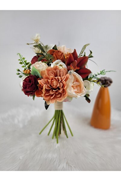 Buketlife kırmızı turuncu renklerde gelin çiçeği gelin buketi ve yaka çiçeği