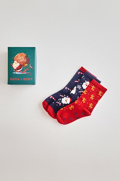 Katia&Bony Kindersocken 3er-Pack Socken mit Weihnachtsmuster in Box, Marineblau/Rot