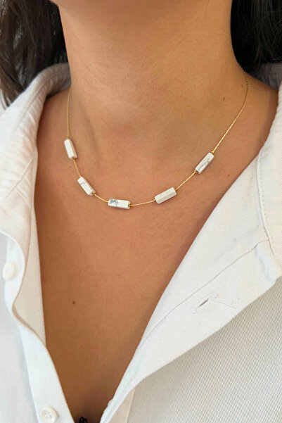 Suerte Accessories Varicite Natural Stone with Gold Chain Handmade Minimal White Natural Stone Women's Necklace