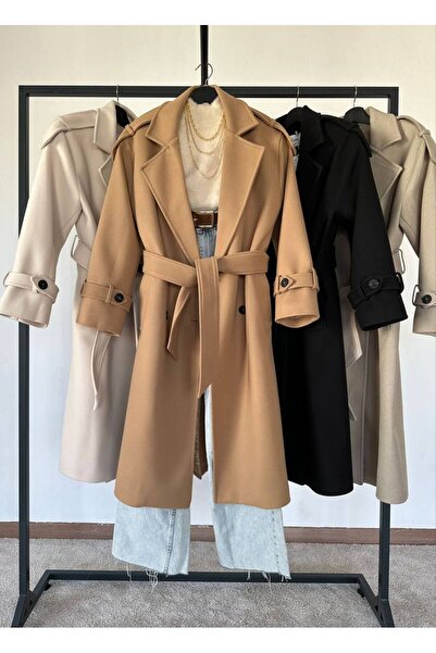 GÜLTEN MADEN Kadın Düğmeli Kemerli Tasarım Uzun Kaban