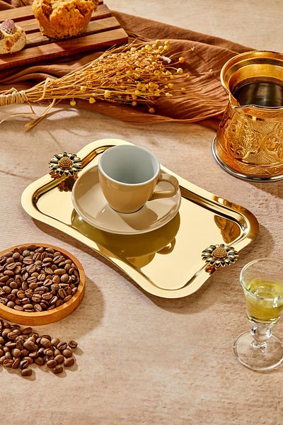 Milenay Gold Series - Duo Fiore Nero Handle Pattern Promise Engagement Tray, 25X15Cm