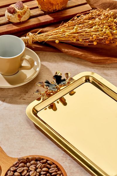 Milenay Elegante Gold Series, Duo Luna Nera Handle Patterned Gold Presentation Promise Engagement Tray, 22X16Cm, Single Piece