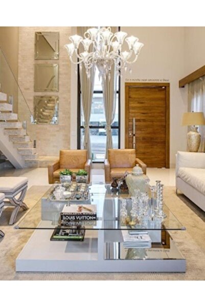 LUXURY VİLLA Luxury Beyaz Lake Aynalı Ve Üstü Camlı Orta Sehpa 80x140 Yüksekl...