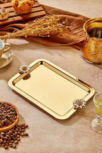 Milenay Elegante Gold Series, Duo Bella Flora Handle Patterned Gold Presentation Promise Engagement Tray, 22X16Cm, Single Piece