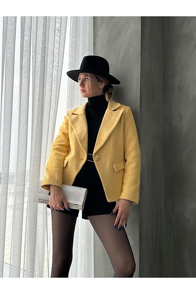 diaves Jachetă de damă cu model linie galbenă, cu un singur nasture, cu cusut dublu