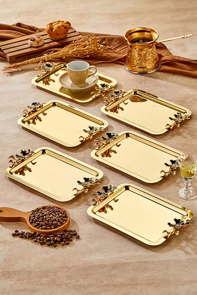 Milenay Elegante Gold Series, Duo Luna Nera Handle Patterned Gold Presentation Promise Engagement Tray, 22X16Cm, 6 Pieces