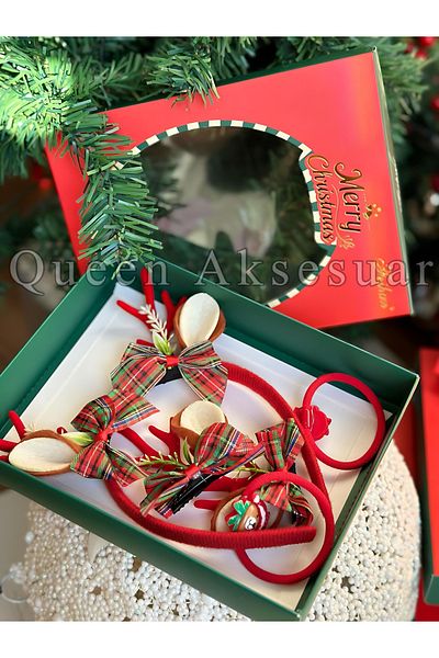 QUEEN AKSESUAR New Year's Set - Crown Elastic Buckle with Gift Box, Pompom Deer and Horned Ear Bowknot