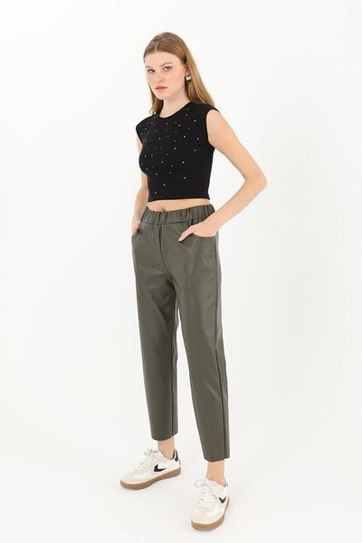 Puane Pantaloni de damă din piele artificială cu talie elastică 18205